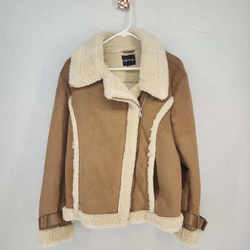 Express Large | Brown Faux Suede Shearling Moto Jacket Aviator‎ Winter Coat